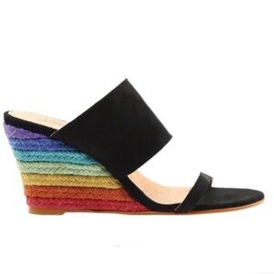 Free People Black Suede Slide Wedge with Rainbow Espadrille Heel